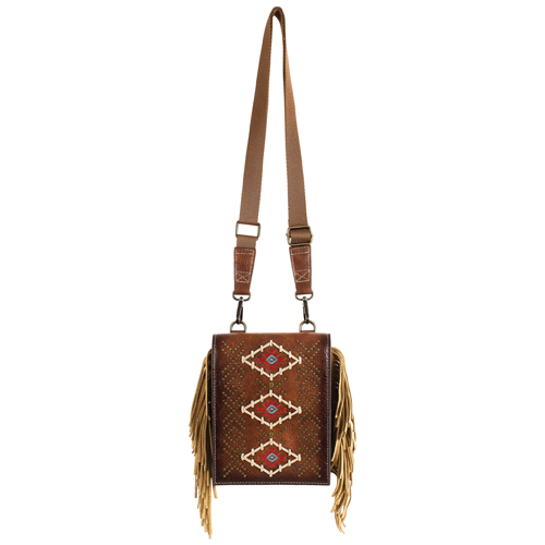 [2610069541] CATCHFLY LADIES SADDLE POUCH TAN EMBROIDERED AZTEC DESIGNS W/STUDS AND SUEDE FRINGE