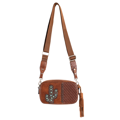 CATCHFLY LADIES CAMERA BAG BROWN STUDDED CACTUS W/TURQUOISE COLORED STONES