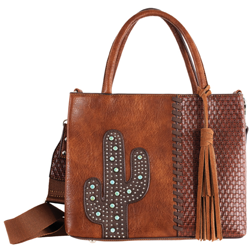 CATCHFLY LADIES MINI TOTE BROWN STUDDED CACTUS W/TURQUOISE COLORED STONES