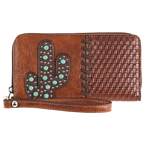 CATCHFLY LADIES WRISTLET WALLET BROWN STUDDED CACTUS W/TURQUOISE COLORED STONES
