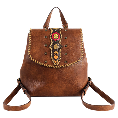 CATCHFLY LADIES MINI BACKPACK TAN MULTICOLORED WHIP STITCH FLOWERS W/STUDS
