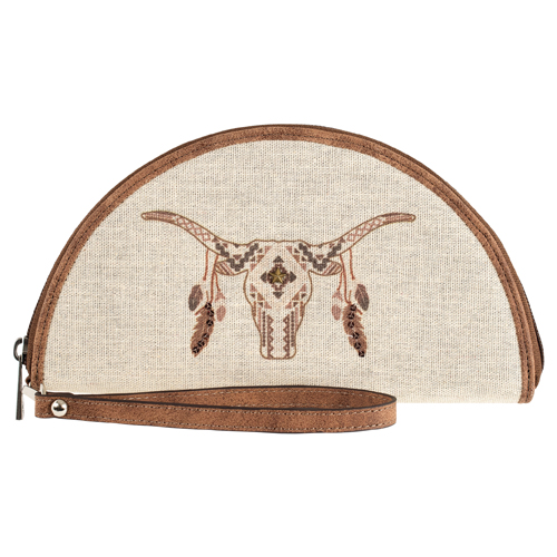 CATCHFLY LADIES SEMICIRCLE WALLET CANVAS COW SKULL W/FEATHERS