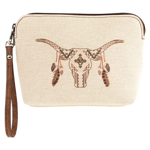 CATCHFLY LADIES COSMETIC POUCH CANVAS COW SKULL W/FEATHERS
