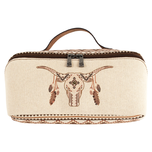 CATCHFLY LADIES COSMETIC CASE CANVAS COW SKULL W/FEATHERS