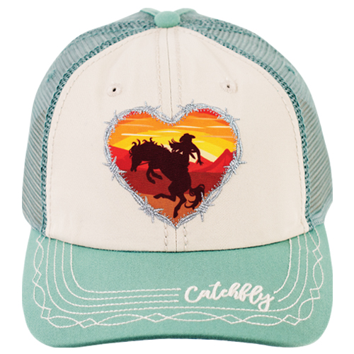 CATCHFLY LADIES BASEBALL CAP HEART WITH COWGIRL ON BRONCO