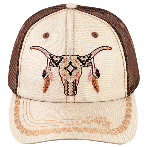 CATCHFLY LADIES BASEBALL CAP STEER SKULL WITH FEATHERS