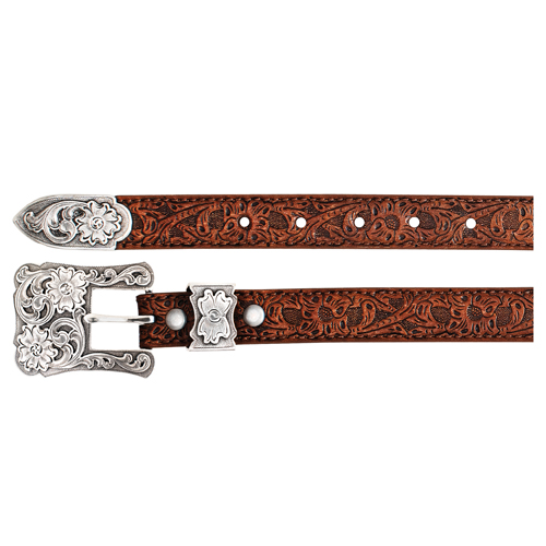 CATCHFLY LADIES BELT BROWN WITH FLORAL EMBOSS AND ENGRAVED BUCKLE