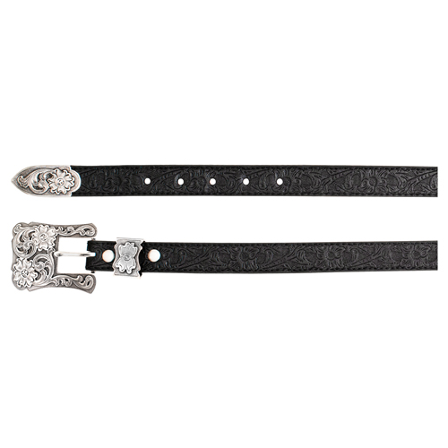 CATCHFLY LADIES BELT BLACK WITH FLORAL EMBOSS AND ENGRAVED BUCKLE