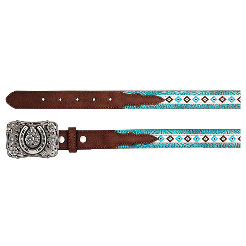 CATCHFLY GIRLS BELT TURQUOISE FLORAL EMBOSS WITH RIBBON