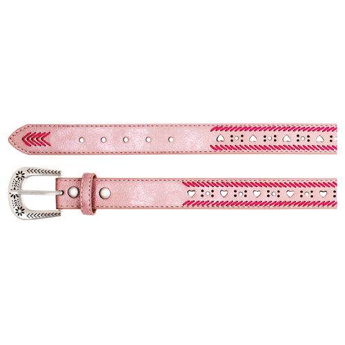 [2610570256-S] CATCHFLY GIRLS BELT METALLIC PINK WITH STITCHING AND HEART CUTOUTS (S)
