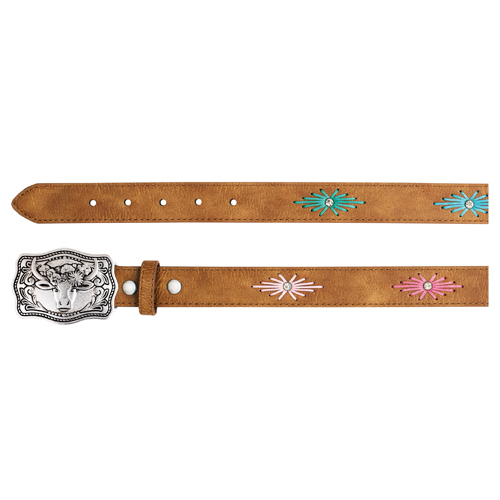 [2610570257-S] CATCHFLY GIRLS BELT TAN WITH MULTICOLORED STARBURST STITCHING (S)