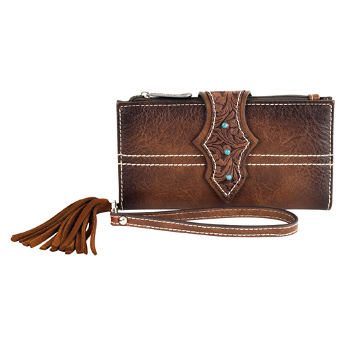 JUSTIN LADIES LARGE WALLET W/BILLET STRAP AND TURQUOISE COLORED STONES