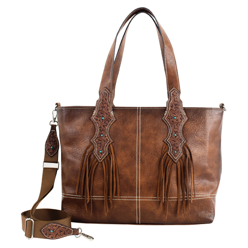 JUSTIN LADIES LAPTOP TOTE COGNAC W/BILLETS AND LEATHER FRINGE-FITS 13" LAPTOP OR TABLET