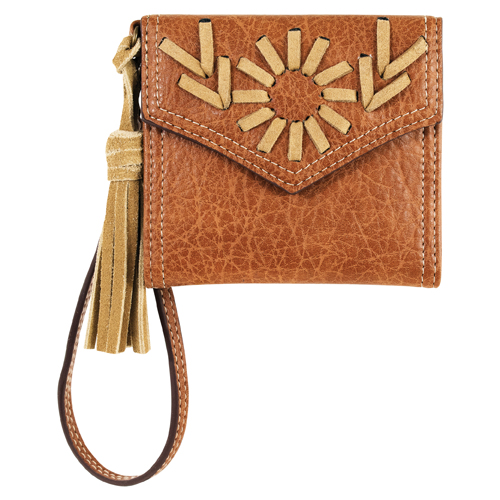 JUSTIN LADIES MINI WALLET TAN W/LEATHER STITCHING AND SUEDE TASSEL