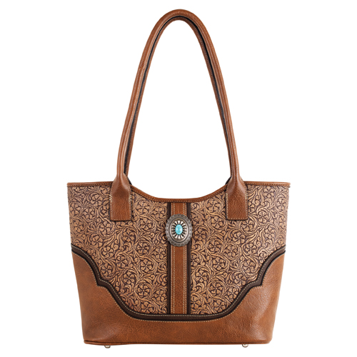 JUSTIN LADIES TOTE TAN WITH FLORAL EMBOSS AND CONCHO