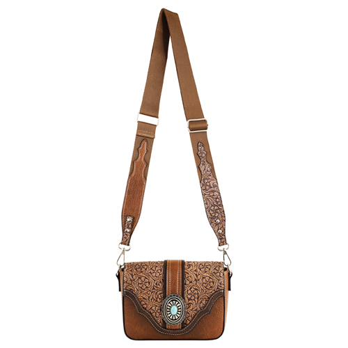 JUSTIN LADIES SMALL CROSSBODY TAN WITH FLORAL EMBOSS AND CONCHO