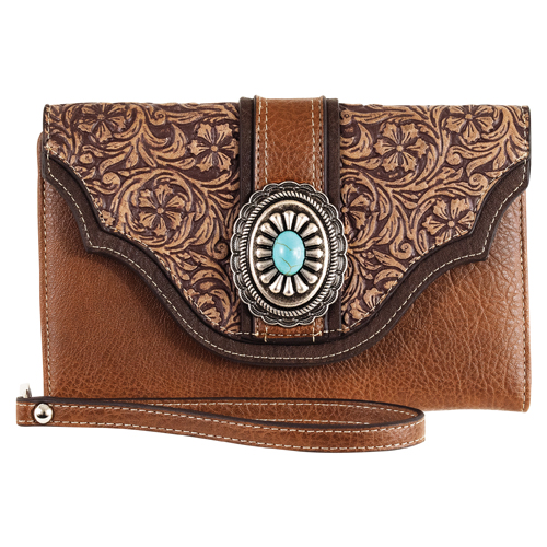 JUSTIN LADIES SLIM WALLET TAN WITH FLORAL EMBOSS AND CONCHO