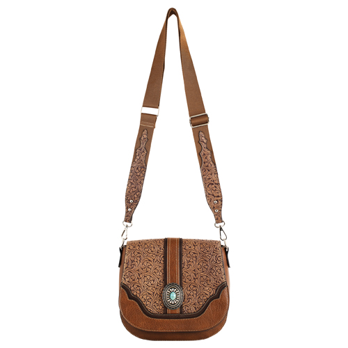 JUSTIN LADIES SADDLE BAG TAN WITH FLORAL EMBOSS AND CONCHO