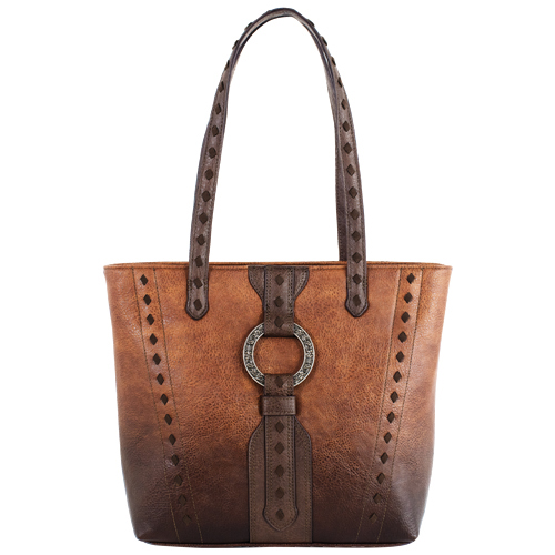JUSTIN LADIES TOTE BROWN W/WHIP STITCH AND HARNESS