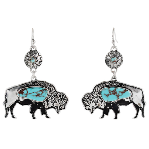 [26104EJ1] JUSTIN LADIES EARRINGS BISON W/TURQ COLORED STONE