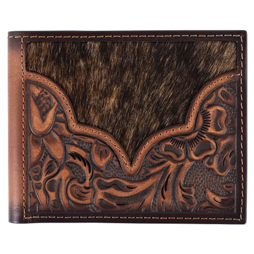 JUSTIN MENS GENUINE LEATHER BIFOLD WALLET FLORAL TOOLING W/HAIR ON YOKE