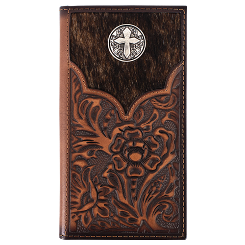 JUSTIN MENS GENUINE LEATHER RODEO WALLET FLORAL TOOLING W/HAIR ON YOKE AND CONCHO