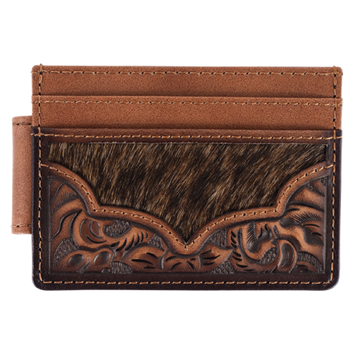 [2610056622] JUSTIN MENS GENUINE LEATHER SLIM CARD WALLET FLORAL TOOLING W/HAIR ON YOKE