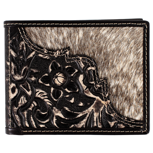 [2610331382] JUSTIN MENS GENUINE LEATHER BIFOLD WALLET FLORAL TOOLING W/HAIR ON INLAY