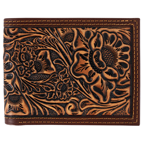 JUSTIN MENS GENUINE LEATHER BIFOLD WALLET TAN FLORAL TOOLING 