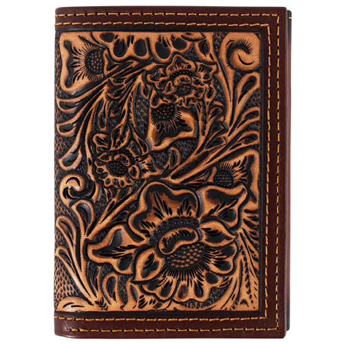 JUSTIN MENS GENUINE LEATHER TRIFOLD WALLET TAN FLORAL TOOLING 
