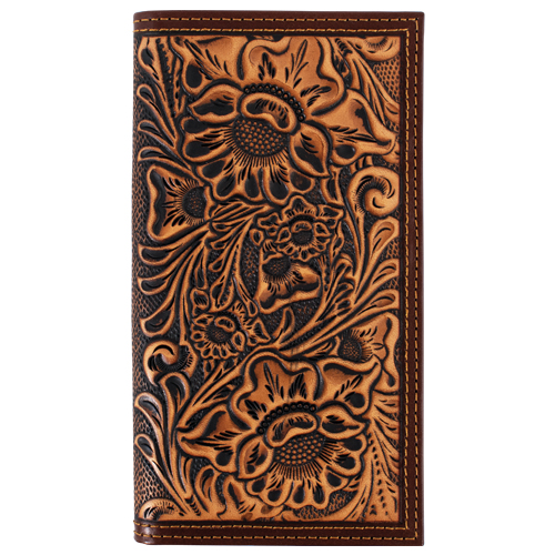 JUSTIN MENS GENUINE LEATHER RODEO WALLET TAN FLORAL TOOLING 
