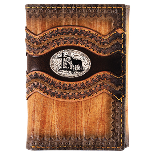 JUSTIN MENS GENUINE LEATHER TRIFOLD WALLET TEXTURED W/PRAYING COWBOY