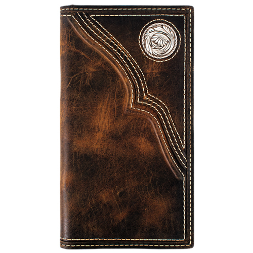 JUSTIN MENS GENUINE OILED LEATHER RODEO WALLET TRAPUNTO WITH CONCHO