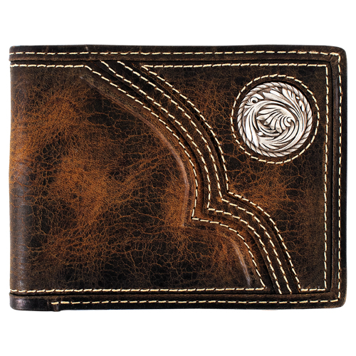 JUSTIN MENS GENUINE OILED LEATHER BIFOLD WALLET TRAPUNTO WITH CONCHO