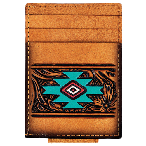 RED DIRT HAT CO CARD CASE W/MAGNET CLIP TAN FLORAL TOOLING W/AZTEC DESIGN