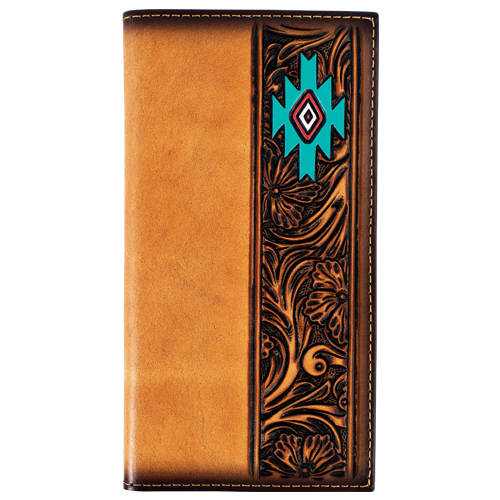 RED DIRT HAT CO MENS RODEO WALLET TAN FLORAL TOOLING W/AZTEC DESIGN