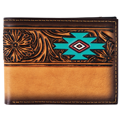 RED DIRT HAT CO BIFOLD WALLET TAN FLORAL TOOLING W/AZTEC DESIGN