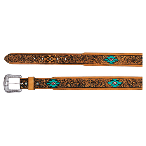 [2610160242-32] RED DIRT HAT CO MENS GENUINE LEATHER BELT TAN FLORAL TOOLED WITH TURQUOISE AZTEC DESIGN (32)