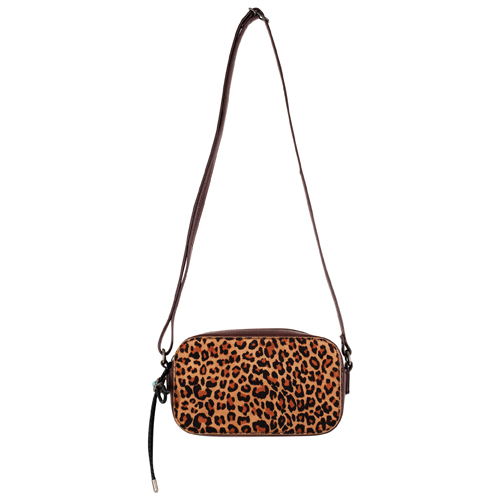 JUSTIN LADIES CAMERA BAG BROWN W/LEOPARD PRINT AND BOW