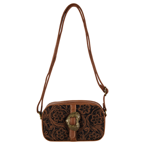 JUSTIN LADIES CAMERA BAG BROWN WITH FLORAL SCROLL AND HEART BUCKLE