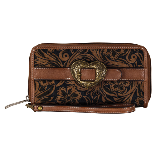 JUSTIN LADIES LARGE WALLET BROWN WITH FLORAL SCROLL AND HEART BUCKLE