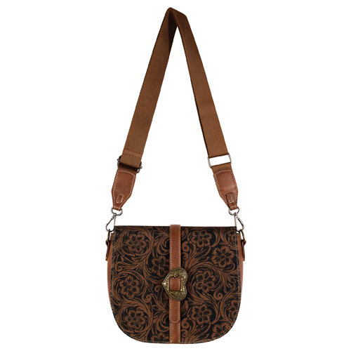 JUSTIN LADIES SADDLE BAG BROWN WITH FLORAL SCROLL AND HEART BUCKLE