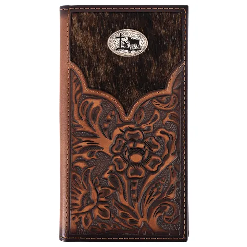 JUSTIN MENS GENUINE LEATHER RODEO WALLET FLORAL TOOLING W/HAIR ON YOKE AND PRAYING COWBOY CONCHO