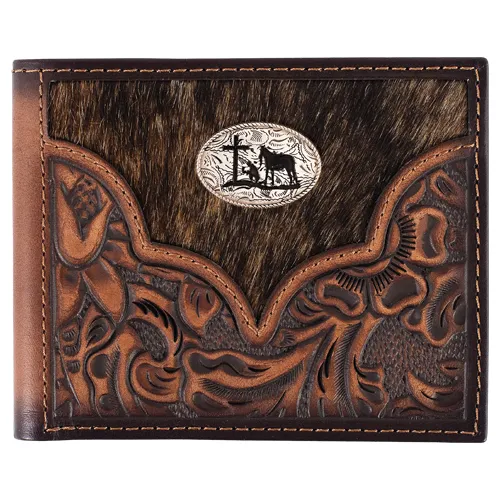 JUSTIN MENS GENUINE LEATHER BIFOLD WALLET FLORAL TOOLING W/HAIR ON YOKE AND PRAYING COWBOY CONCHO