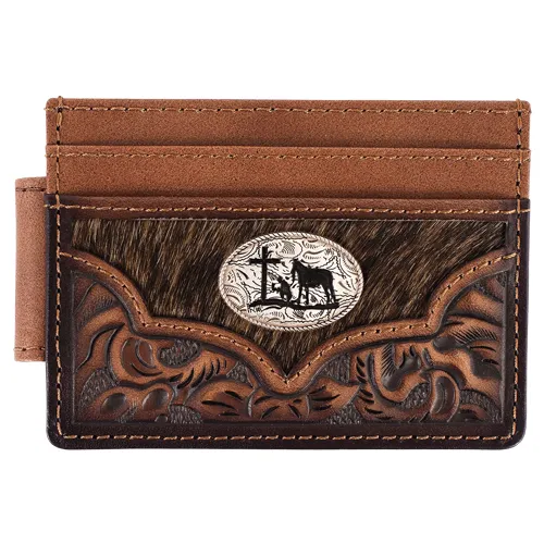 JUSTIN MENS GENUINE LEATHER SLIM CARD WALLET FLORAL TOOLING W/HAIR ON YOKE AND PRAYING COWBOY CONCHO