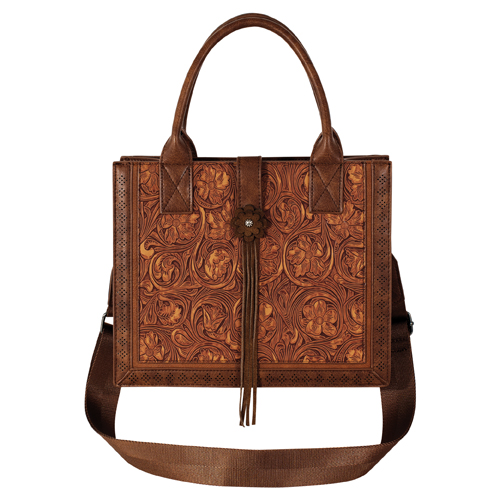JUSTIN LADIES SMALL TOTE BROWN WITH FLORAL TOOLING 