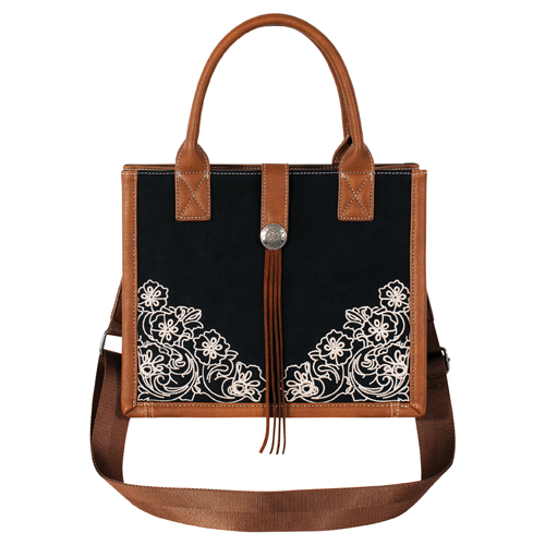 [2622891731] JUSTIN LADIES SMALL TOTE BLACK AND BROWN WITH FLORAL EMBROIDERY