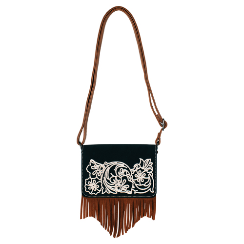 JUSTIN LADIES SMALL CROSSBODY BLACK AND BROWN WITH FLORAL EMBROIDERY