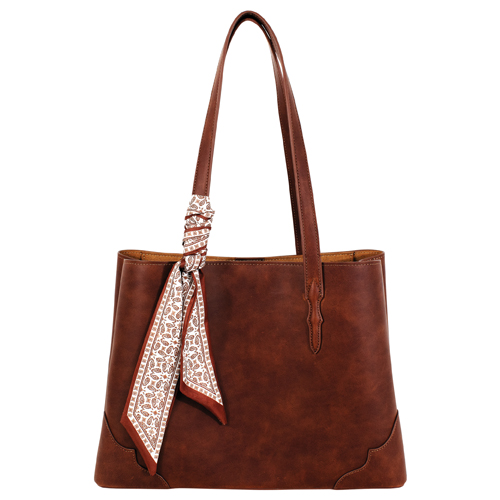 JUSTIN LADIES SIGNATURE TOTE BROWN WITH ART DECO PAISLEY SCARF