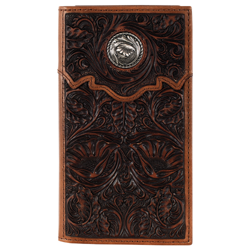 JUSTIN MENS GENUINE LEATHER RODEO WALLET FLORAL TOOLING W/YOKE AND ROUND CONCHO